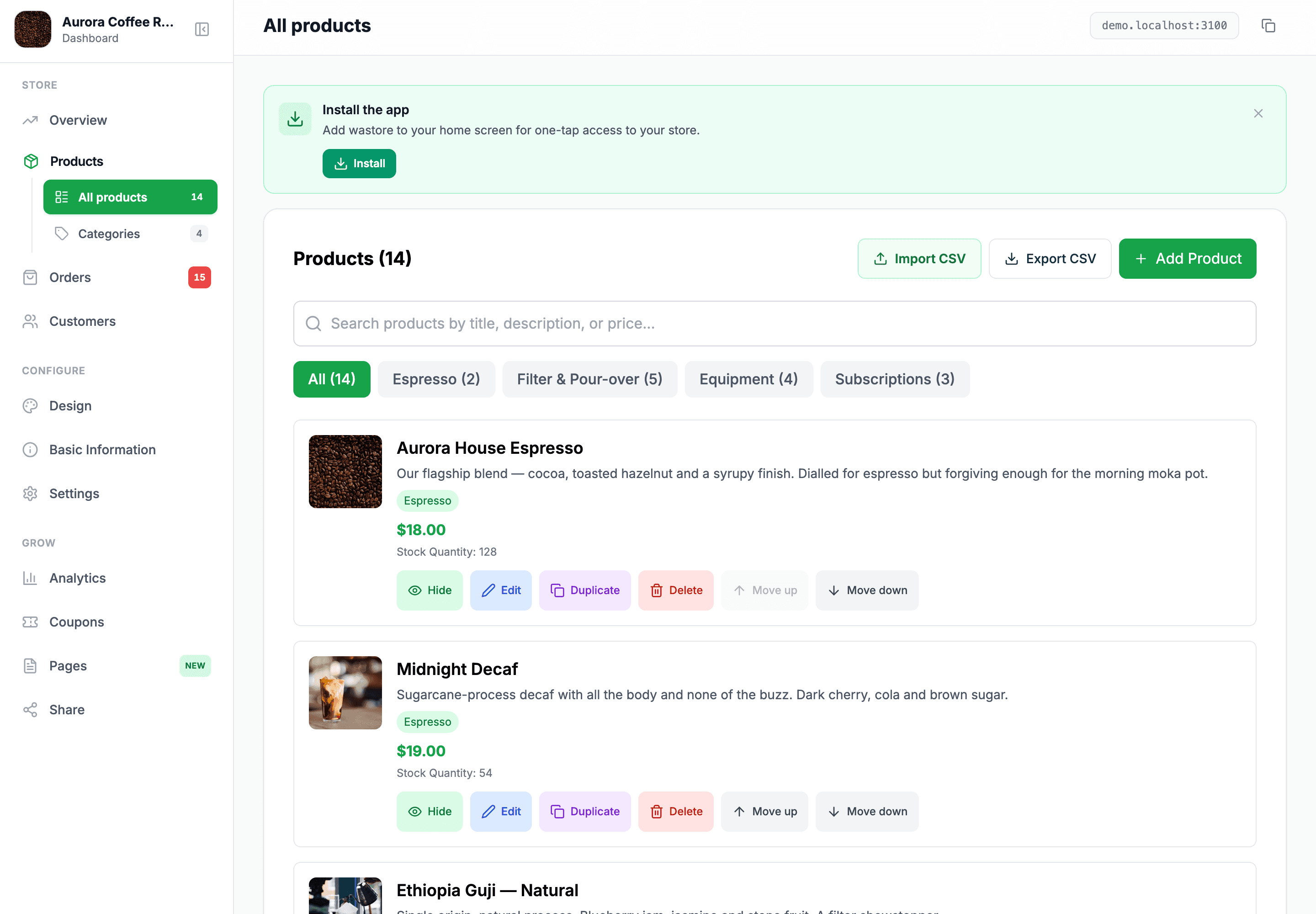 WAStore dashboard