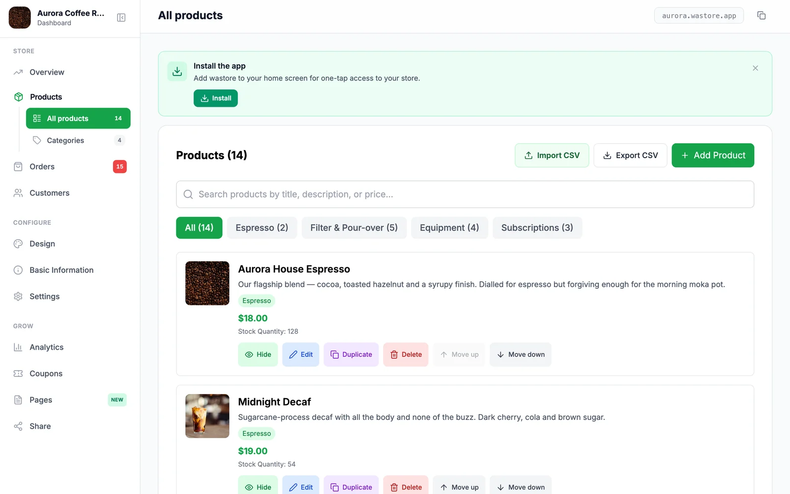 The WAStore dashboard showing a product list with photos, prices, categories, stock quantities and buttons to add, import and export products