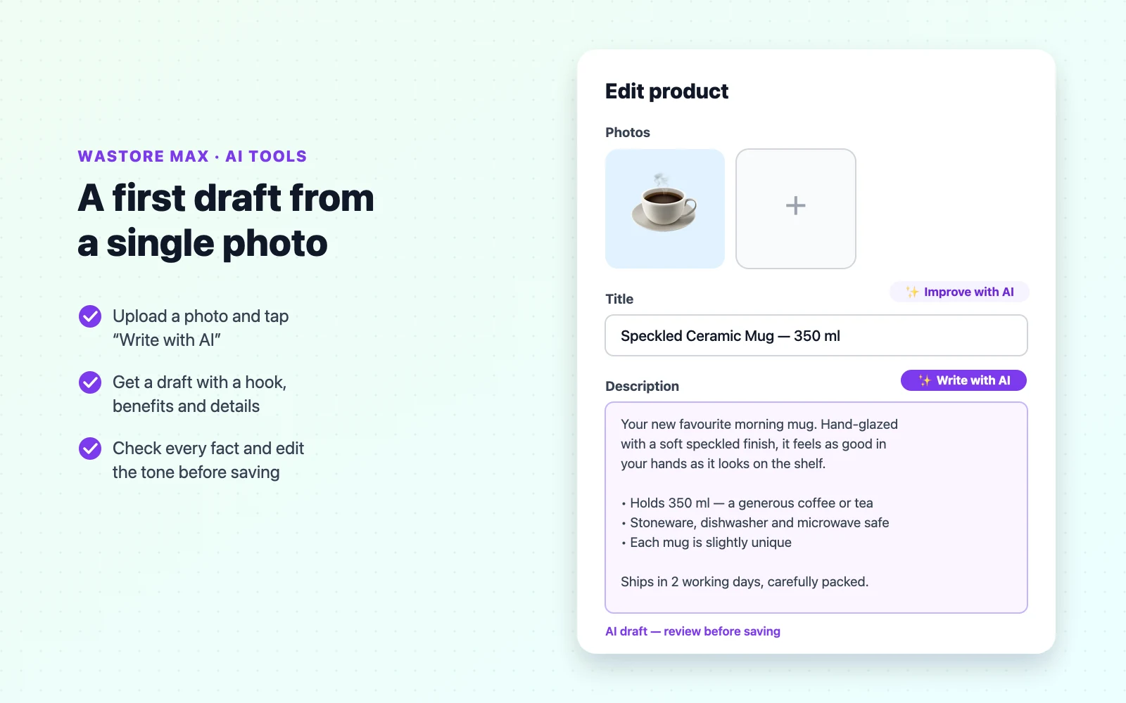 Product form with a photo of a ceramic mug and an AI-generated draft description ready to edit, with buttons to write a description from the photo and improve the title