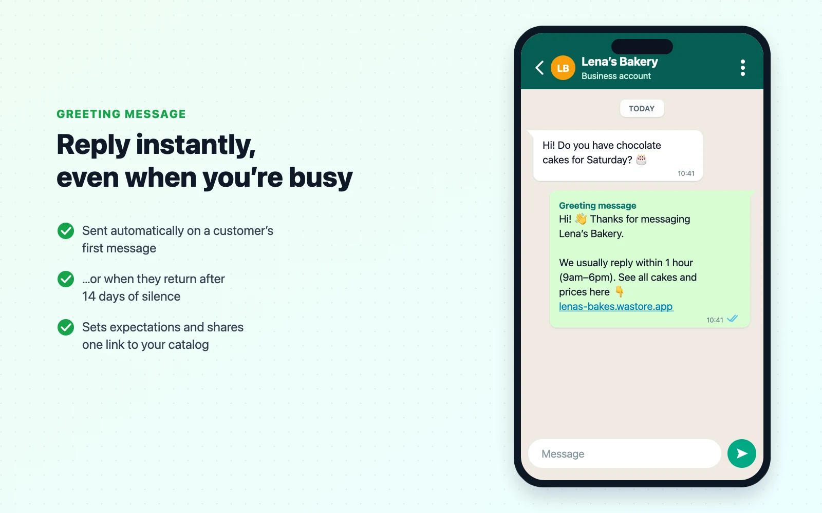 WhatsApp Business chat where a customer asks if a cake is available and the business replies instantly with an automatic greeting message and a catalog link