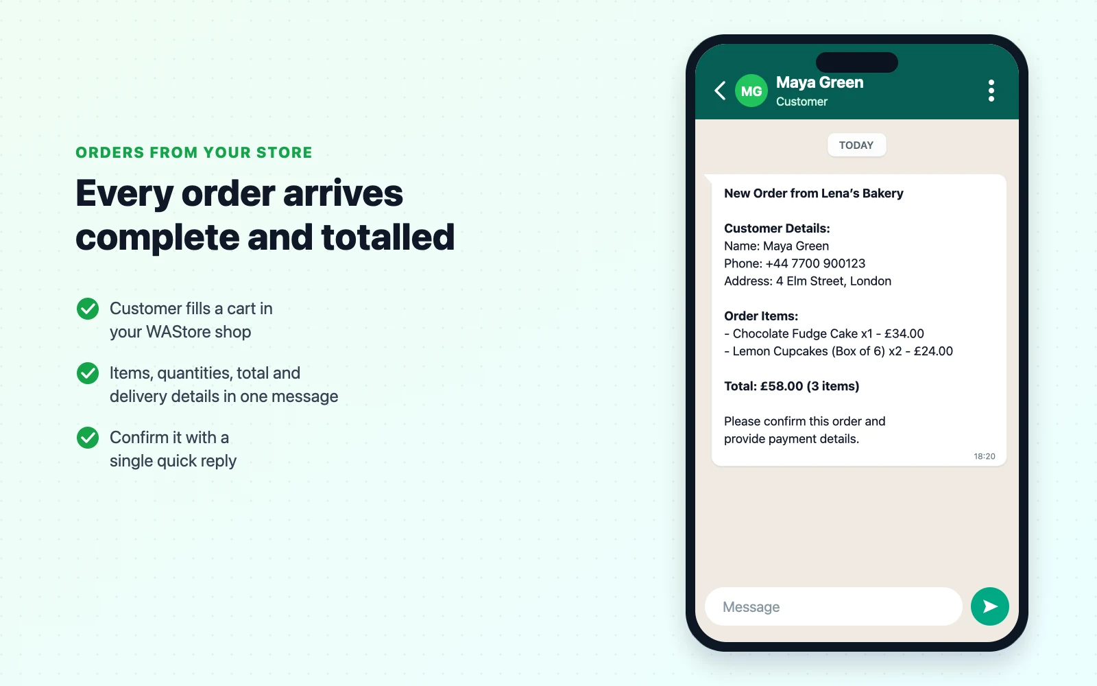 A structured WhatsApp order message from a WAStore shop listing the customer's name, phone, address, order items, quantities and total