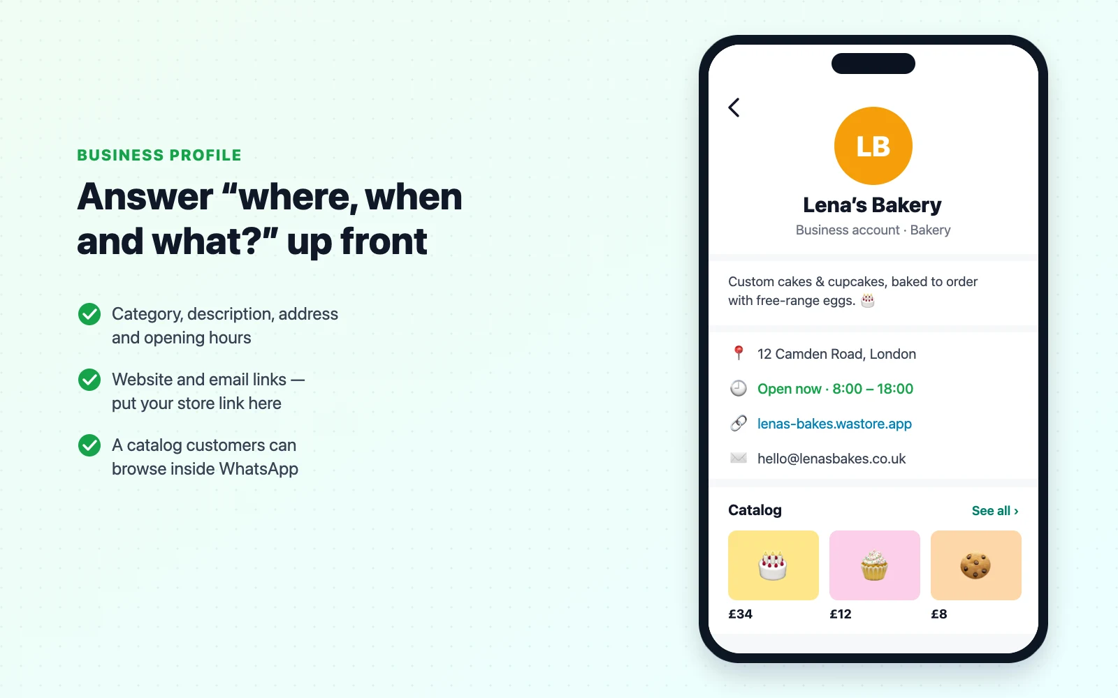 A WhatsApp Business profile for a bakery showing its category, description, address, opening hours, website and a catalog of products