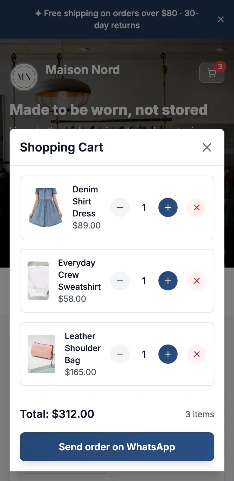 The cart on a phone with a “Send order on WhatsApp” button