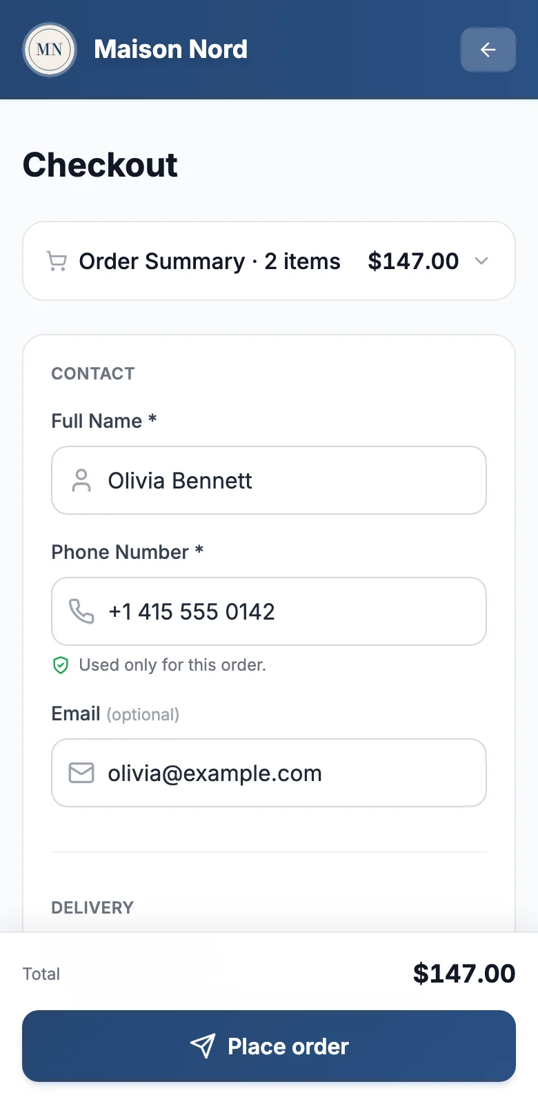 Checkout on a phone with contact, delivery and payment options