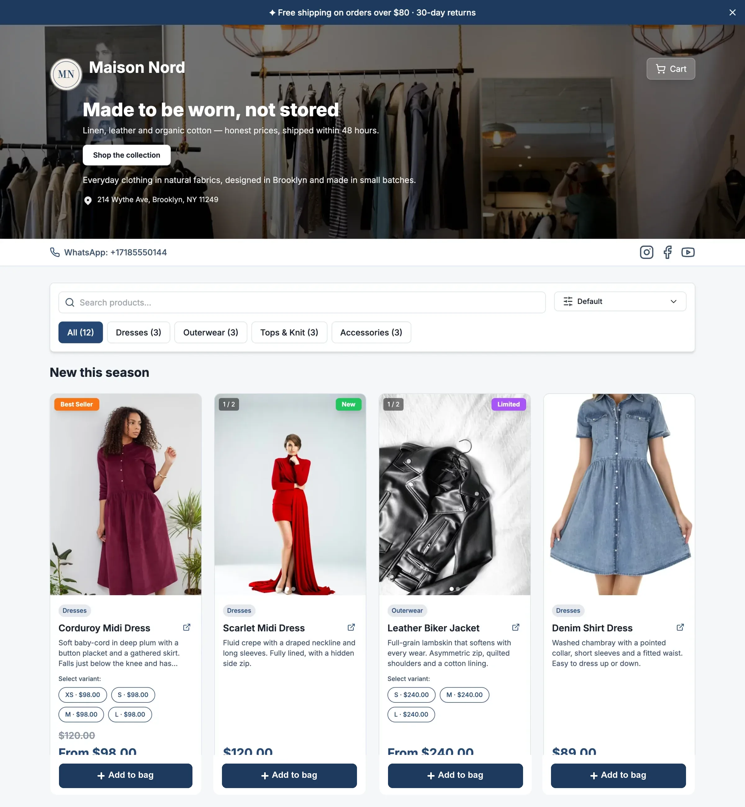 A WAStore storefront for a clothing boutique, with banner, hero, categories and a row of products
