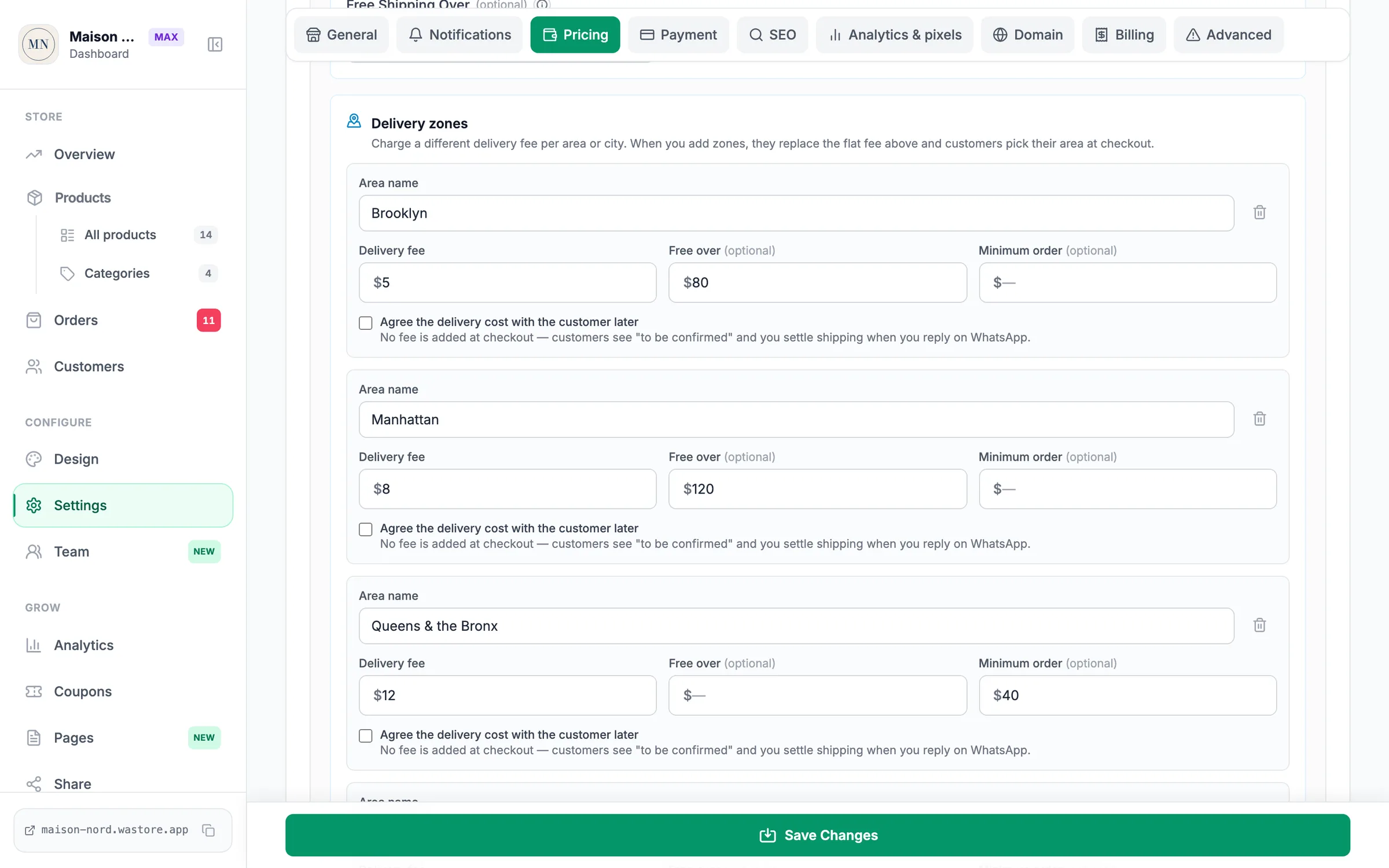 WAStore settings with delivery zones: Brooklyn, Manhattan, Queens & the Bronx and Rest of US & Canada, each with its own fee