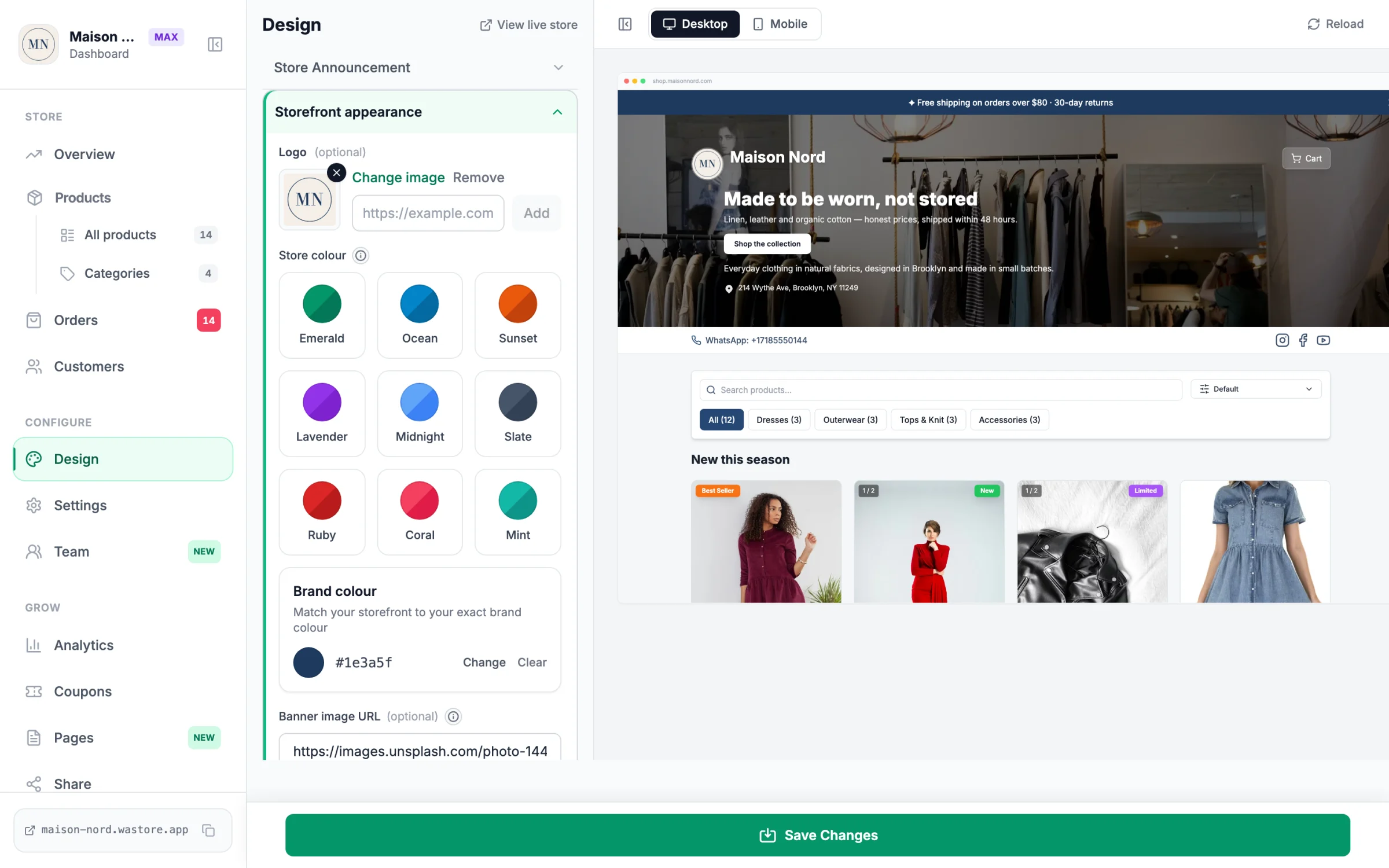 The design editor with colour themes and a live storefront preview