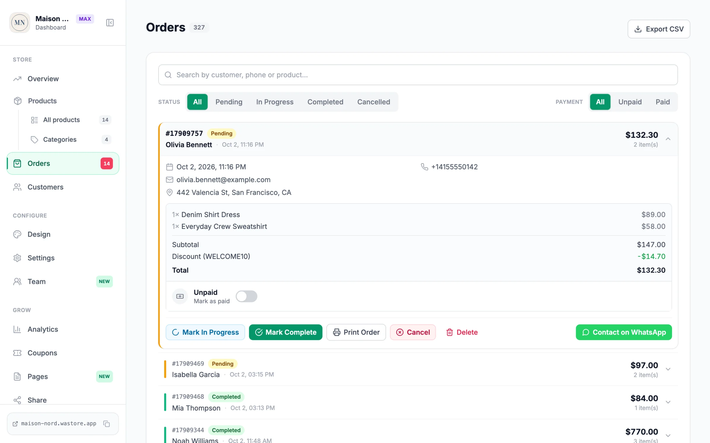 An order opened in the WAStore dashboard, with items, totals, a paid toggle and a WhatsApp button