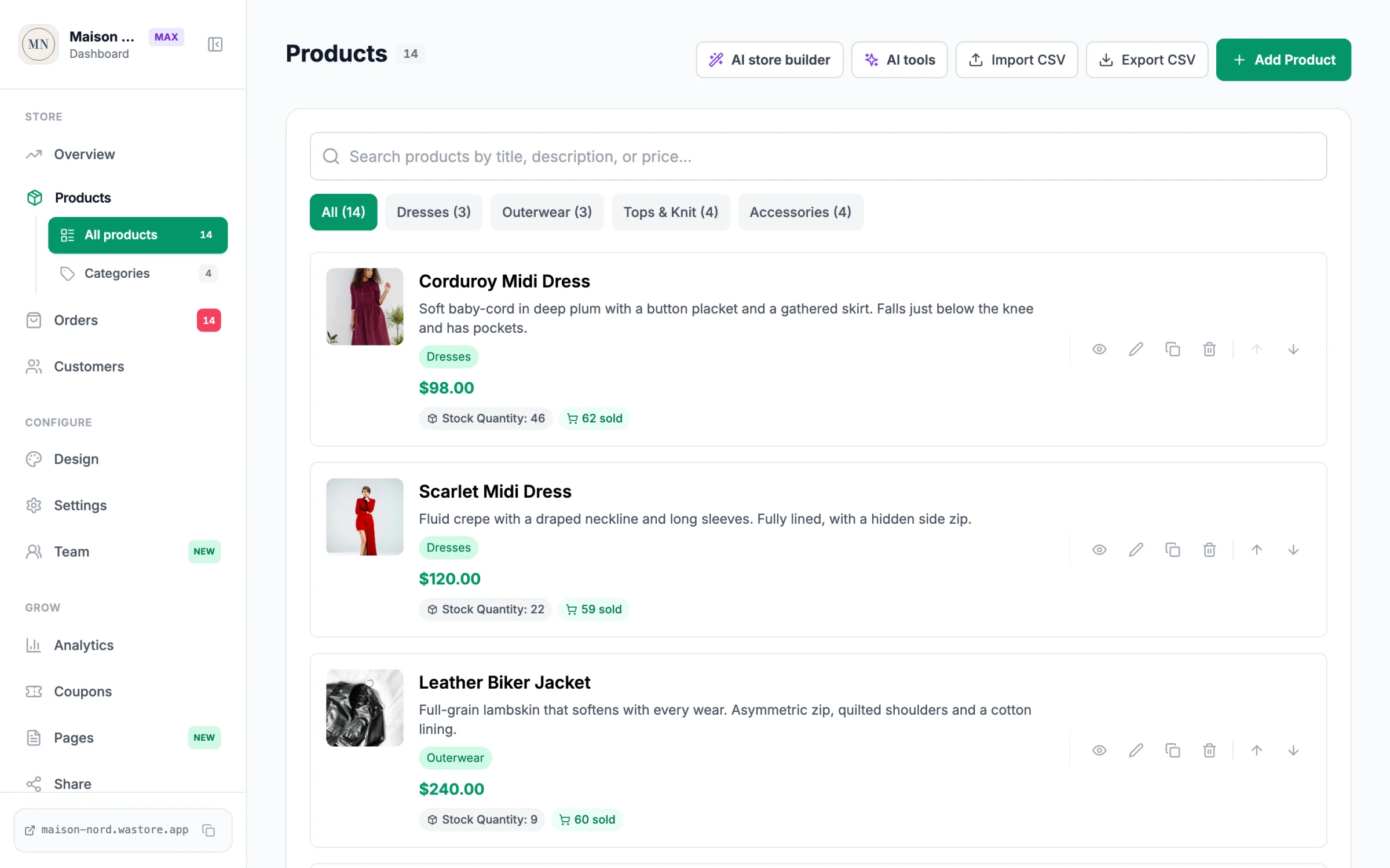 Products list in the WAStore dashboard with categories, stock and sales